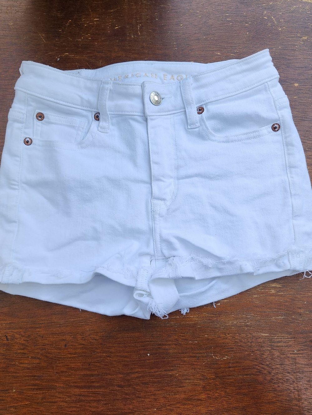 American Eagle White Denim Cutoff Shorts Distressed Raw High Elastane Stretch 00